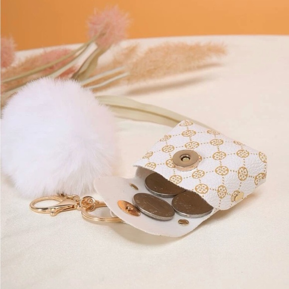 White and Gold Mini Bag Keychain with Pom Pom - Picture 4 of 4